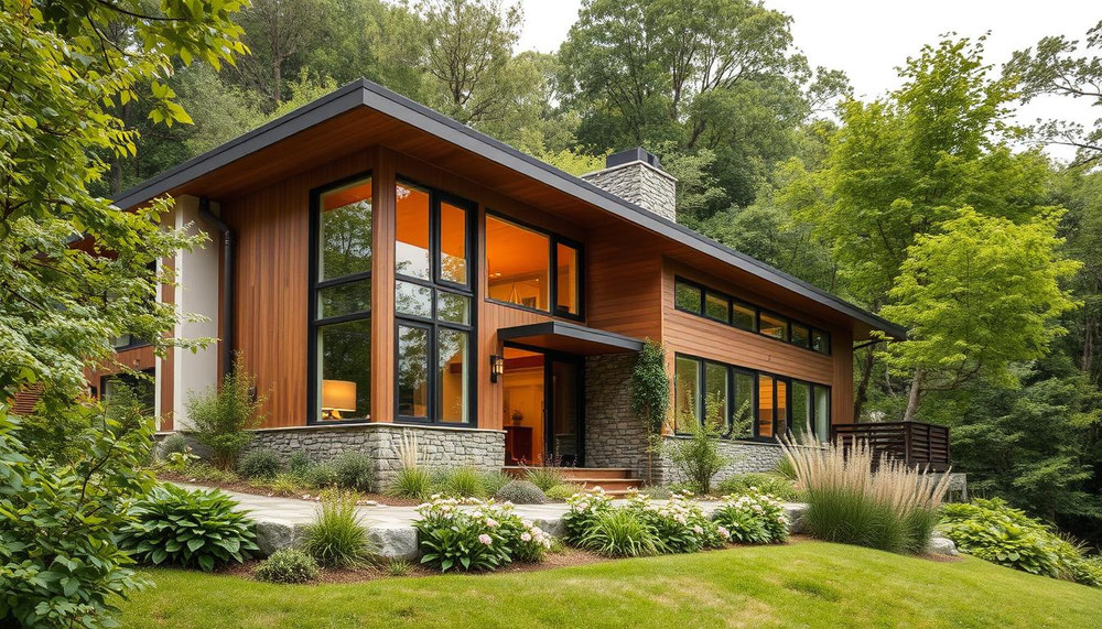 A contemporary, energy-efficient house nestled amidst a lush, verdant landscape. The building features clean lines, large windows, and a mix of natural materials like wood and stone, seamlessly blending into the surrounding environment. Soft, diffused lighting illuminates the exterior, casting a warm, inviting glow. The home is positioned to maximize passive solar heating and cooling, with strategic window placement and roof overhangs. A well-manicured garden with native plants completes the serene, sustainable scene, showcasing how to thoughtfully integrate a modern, energy-efficient dwelling into the natural world.
